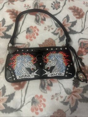 Ed Hardy Black Shoulder Bag with Dual Unicorn Embroidery and Red Flame Accents